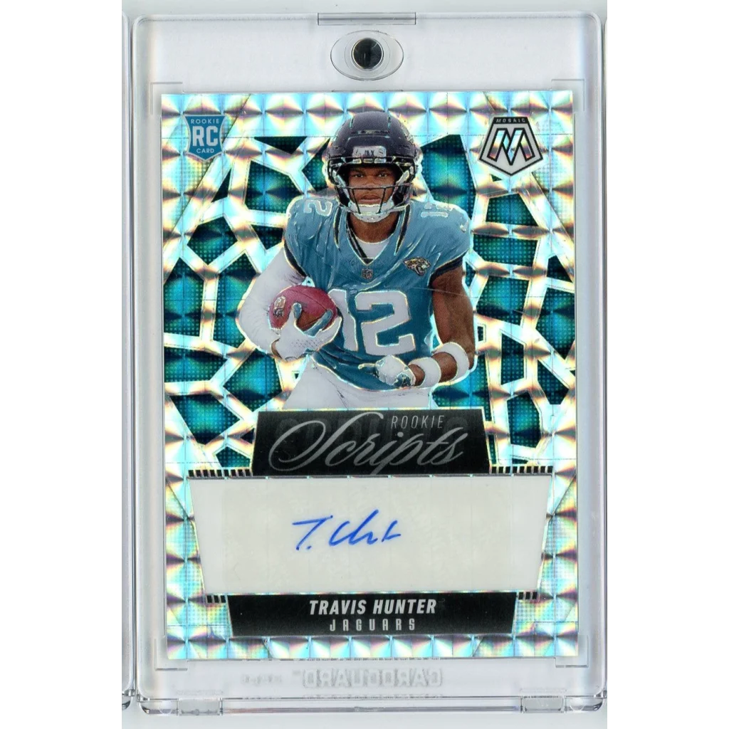2025 Panini Mosaic Travis Hunter RSTHR Rookie Scripts Auto Rookie RC Football Card | Hall of Fame Sports Memorabilia | vintageantiquesgifts.com