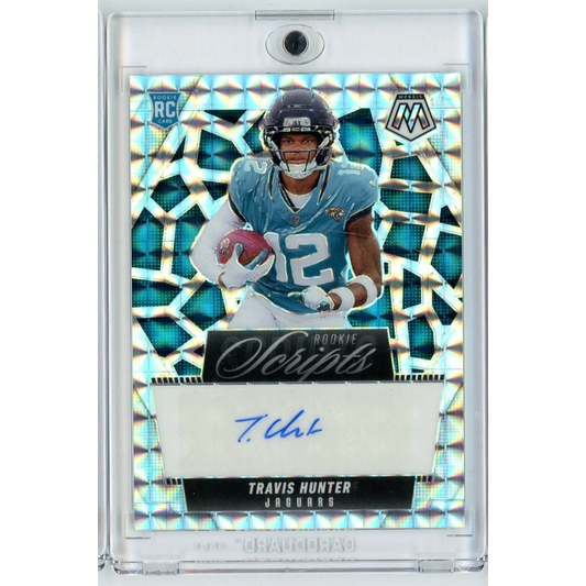 2025 Panini Mosaic Travis Hunter RSTHR Rookie Scripts Auto Rookie RC Football Card | Hall of Fame Sports Memorabilia | vintageantiquesgifts.com
