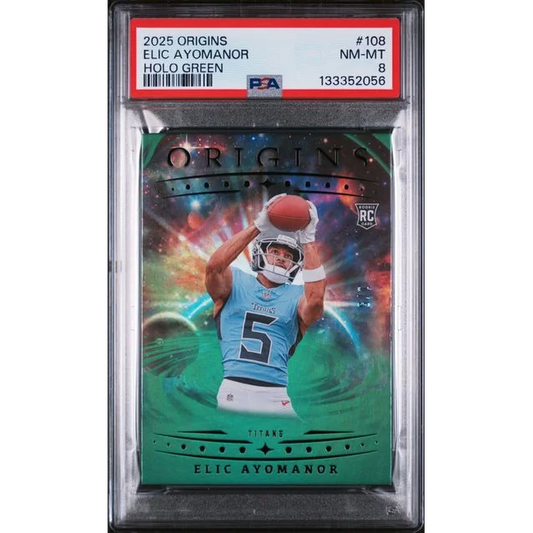 2025 Panini Origins Holo Green Elic Ayomanor #108 1/5 Rookie RC Football Card PSA 8 NM-MT | Hall of Fame Sports Memorabilia | vintageantiquesgifts.com
