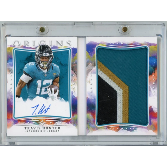 2025 Panini Origins Rookie Booklet Patch Autographs Travis Hunter #RBPA-THU /49 RPA Auto Rookie RC Football Card | Hall of Fame Sports Memorabilia | vintageantiquesgifts.com