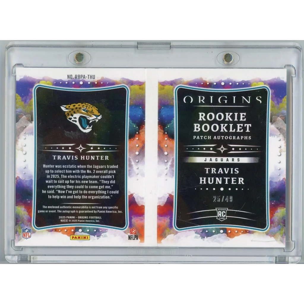2025 Panini Origins Rookie Booklet Patch Autographs Travis Hunter #RBPA-THU /49 RPA Auto Rookie RC Football Card | Certified Authentic Signed Memorabilia | vintageantiquesgifts.com
