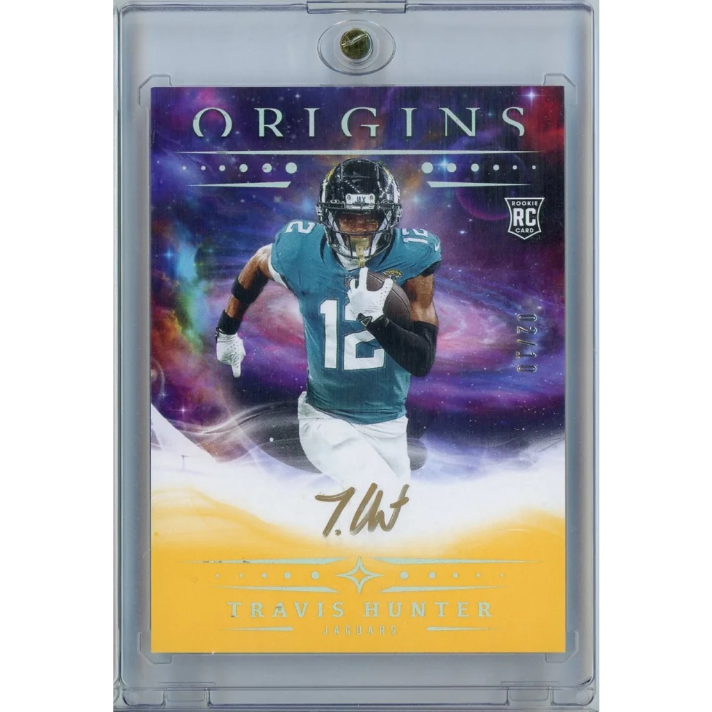 2025 Panini Origins Travis Hunter #RA-THU 02/10 Gold Auto Rookie RC Football Card