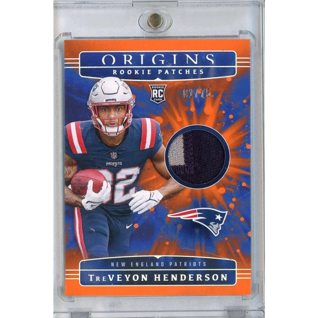 2025 Panini Origins TreVeyon Henderson #RPH-THN Rookie Patches Relic 01/75 New England Patriots Rookie RC Football Card