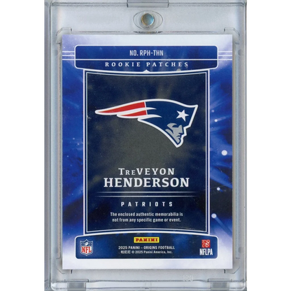 2025 Panini Origins TreVeyon Henderson #RPH-THN Rookie Patches Relic 01/75 New England Patriots Rookie RC Football Card