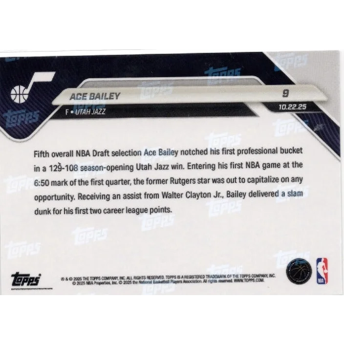 2025 Topps Now Ace Bailey #9 Green Foil /99 Utah Jazz Rookie RC Basketball Card | Limited Edition /99 Green Foil Basketball Card | vintageantiquesgifts.com