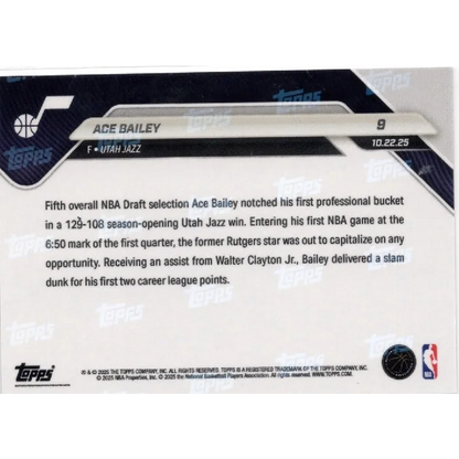 2025 Topps Now Ace Bailey #9 Green Foil /99 Utah Jazz Rookie RC Basketball Card | Limited Edition /99 Green Foil Basketball Card | vintageantiquesgifts.com