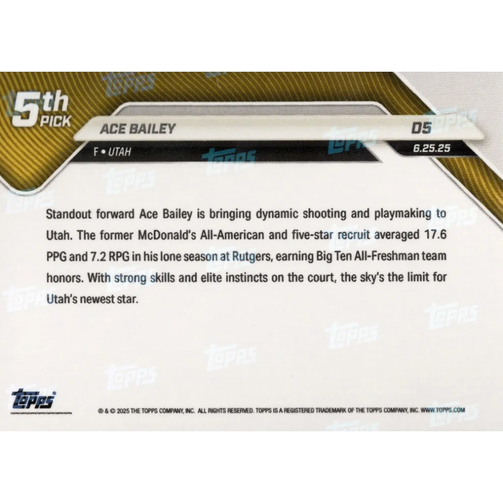 2025 Topps Now Ace Bailey #D5 Gold Foil /50 Utah Jazz Rookie RC Basketball Card | Limited Edition /50 Gold Foil Basketball Card | vintageantiquesgifts.com
