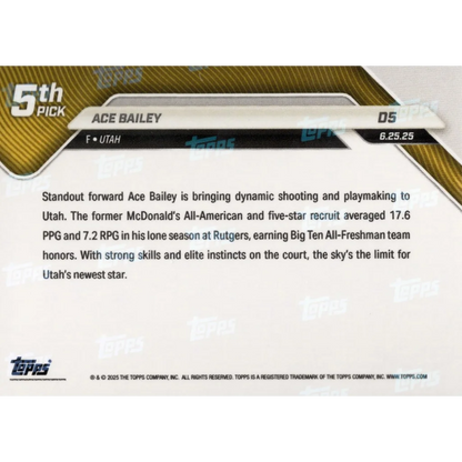 2025 Topps Now Ace Bailey #D5 Gold Foil /50 Utah Jazz Rookie RC Basketball Card | Limited Edition /50 Gold Foil Basketball Card | vintageantiquesgifts.com