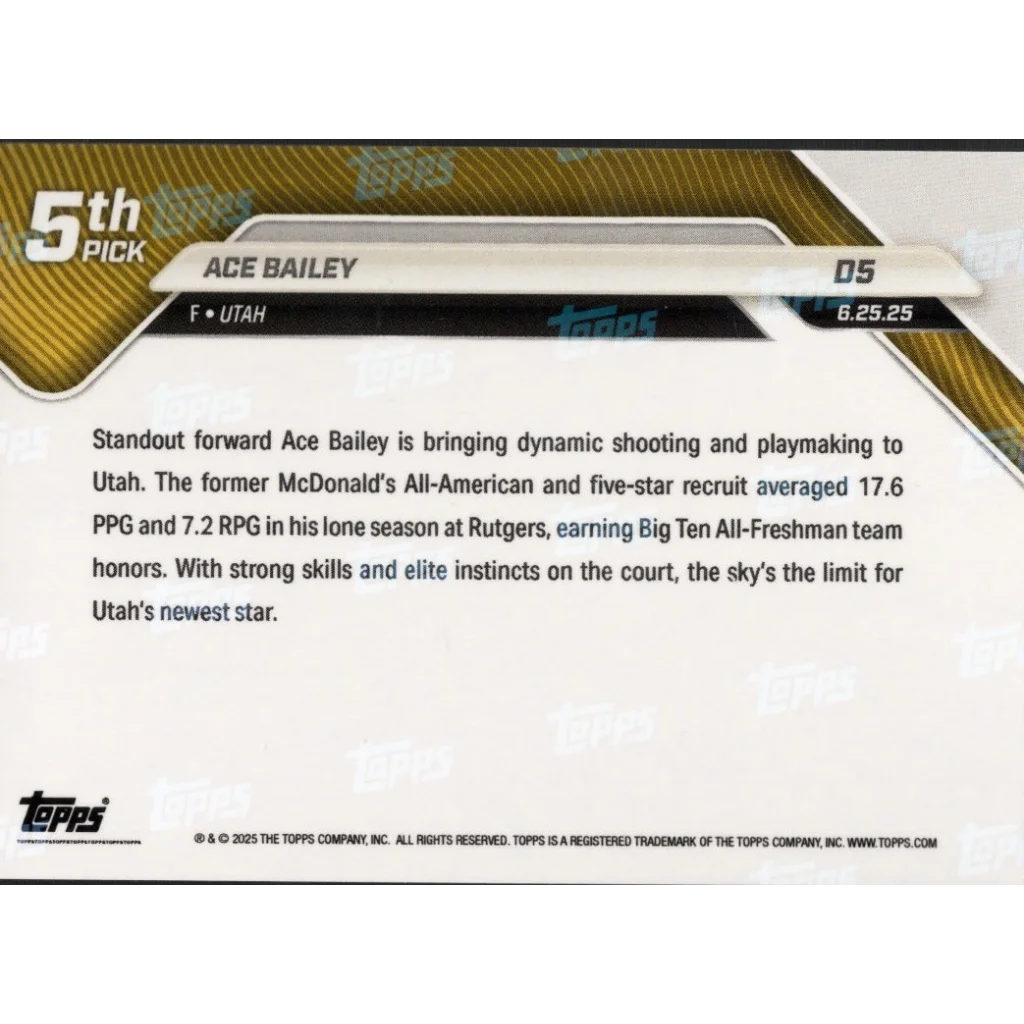 2025 Topps Now Ace Bailey #D5 Green Foil /99 Utah Jazz Rookie RC Basketball Card | Limited Edition /99 Green Foil Basketball Card | vintageantiquesgifts.com