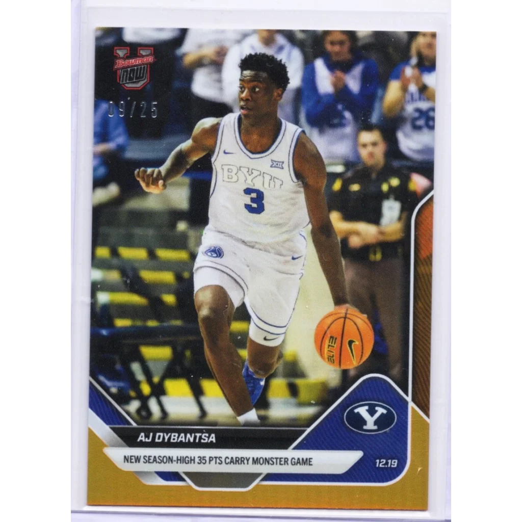 White and blue BYU jersey #3 on AJ Dybantsa 2025 Topps Bowman rookie card