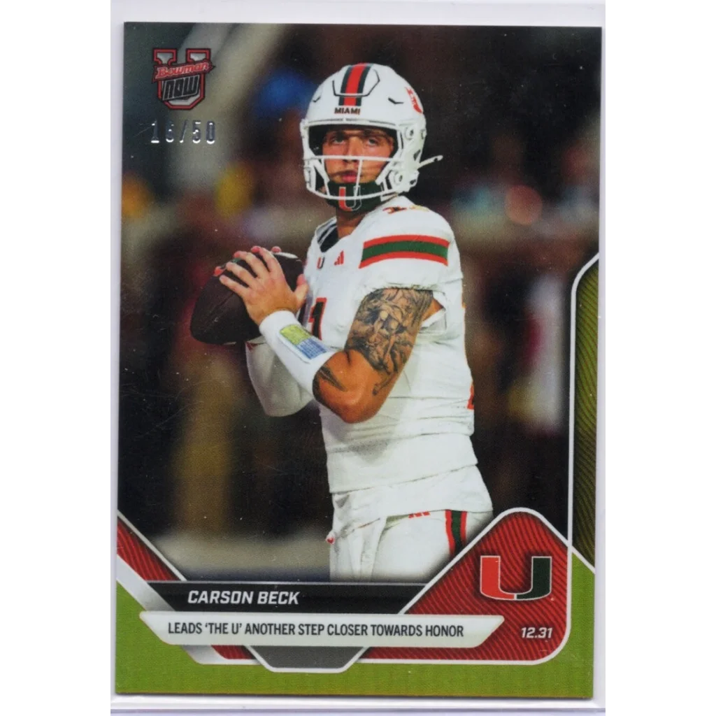 2025 Topps Bowman U Now Carson Beck #63 Gold Foil /50 Miami Hurricanes Rookie RC Football Card | Hall of Fame Sports Memorabilia | vintageantiquesgifts.com