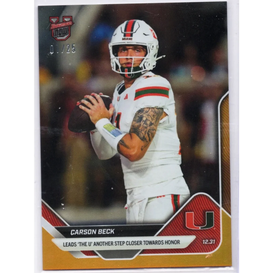2025 Topps Bowman U Now Carson Beck #63 Orange Foil /25 Miami Hurricanes Rookie RC Football Card | Hall of Fame Sports Memorabilia | vintageantiquesgifts.com