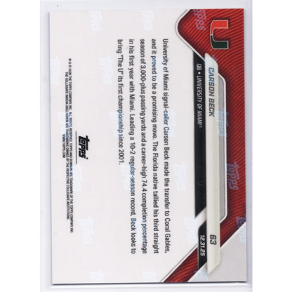 2025 Topps Bowman U Now Carson Beck #63 Orange Foil /25 Miami Hurricanes Rookie RC Football Card | Limited Edition /25 Orange Foil Football Card | vintageantiquesgifts.com