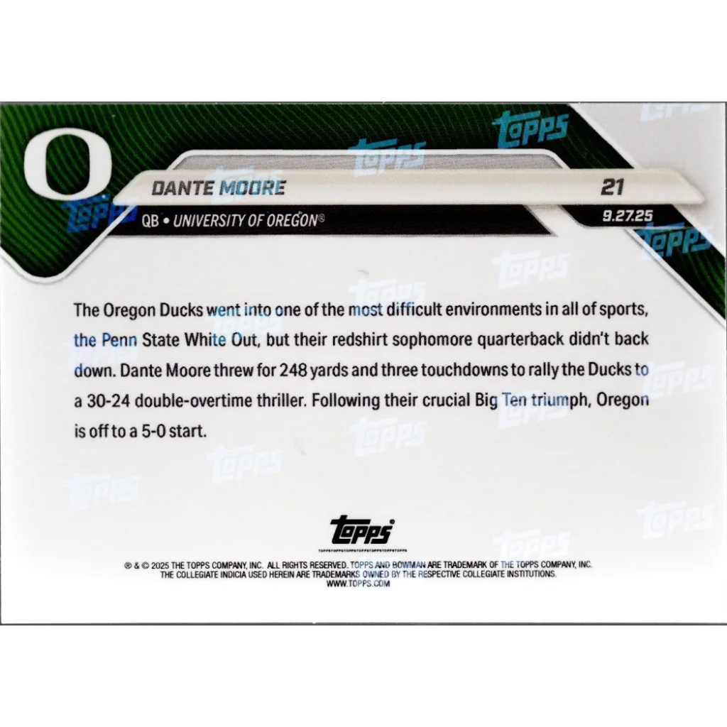 2025 Topps Bowman U Now Dante Moore #21 Black Foil /10 Oregon Ducks Rookie RC Card