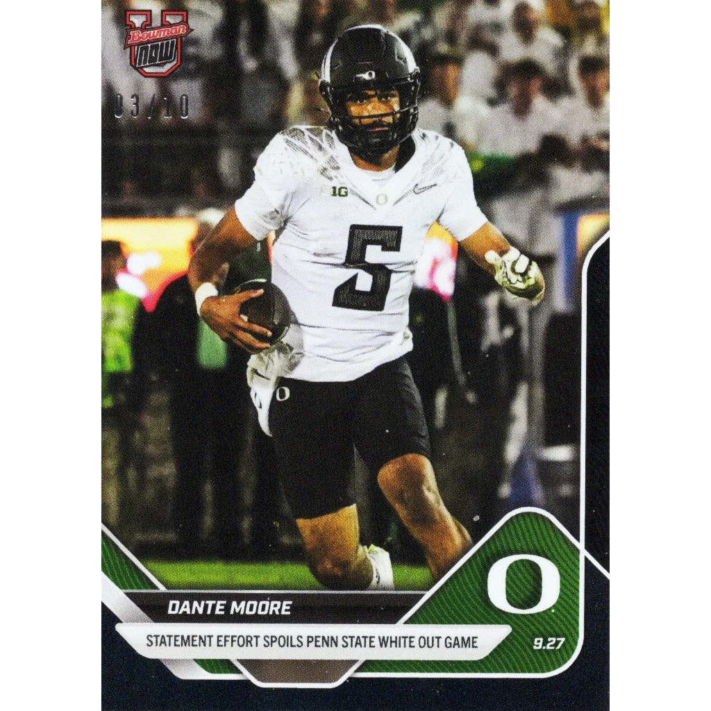 Dante Moore in black matte helmet, 2025 Topps Bowman U Now #21 foil rookie card