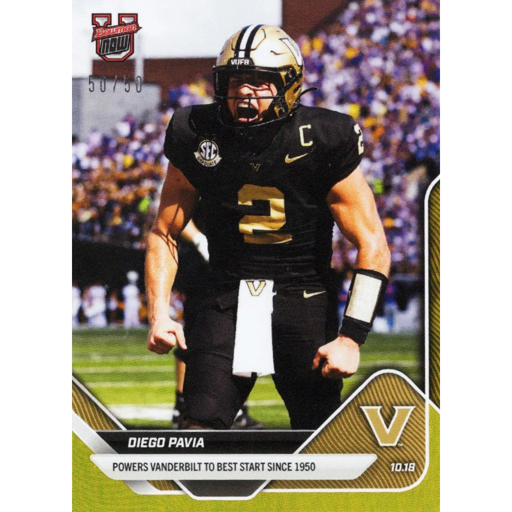 2025 Topps Bowman U Now Diego Pavia #31 Gold Foil /50 Vanderbilt Commodores Rookie RC Football Card | Hall of Fame Sports Memorabilia | vintageantiquesgifts.com
