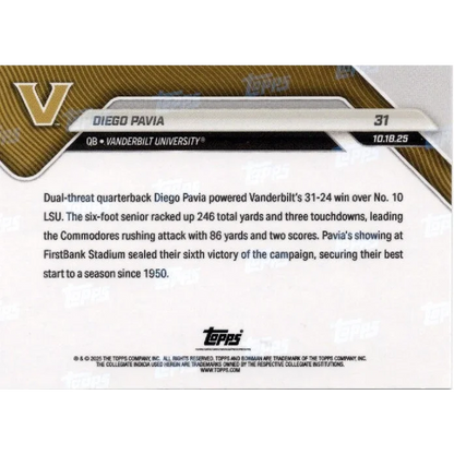 2025 Topps Bowman U Now Diego Pavia #31 Gold Foil /50 Vanderbilt Commodores Rookie RC Football Card | Limited Edition /50 Gold Foil Football Card | vintageantiquesgifts.com