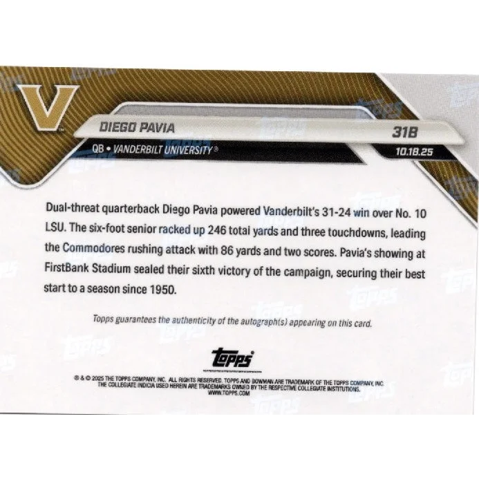 2025 Topps Bowman U Now Diego Pavia #31B Red Auto /5 Vanderbilt Commodores Rookie RC Football Card | Certified Authentic Signed Memorabilia | vintageantiquesgifts.com