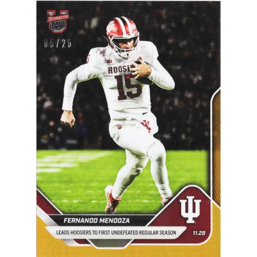 2025 Topps Bowman U Now Fernando Mendoza #52 Orange Foil /25 Indiana Hoosiers Rookie RC Football Card | Hall of Fame Sports Memorabilia | vintageantiquesgifts.com