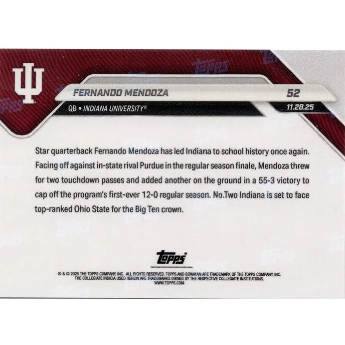 2025 Topps Bowman U Now Fernando Mendoza #52 Orange Foil /25 Indiana Hoosiers Rookie RC Football Card | Limited Edition /25 Orange Foil Football Card | vintageantiquesgifts.com