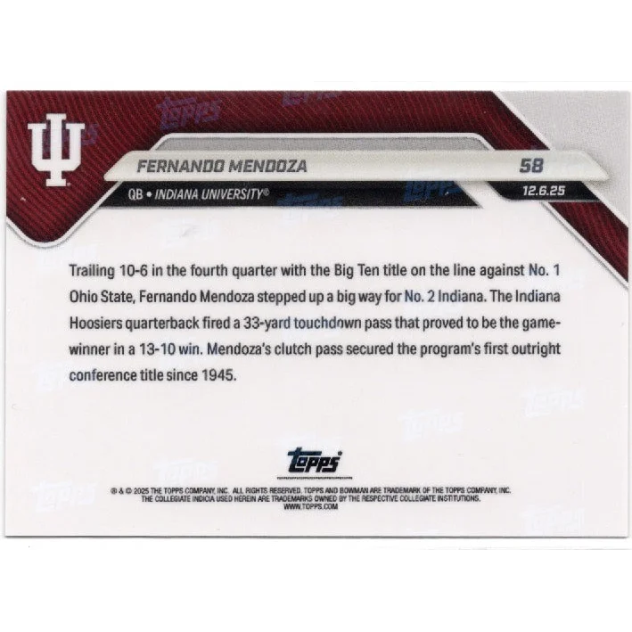 2025 Topps Bowman U Now Fernando Mendoza #58 Orange Foil /25 Indiana Hoosiers RC