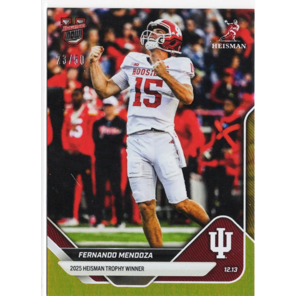 Red and white Fernando Mendoza #15 Indiana Hoosiers football jersey on 2025 Topps Bowman card
