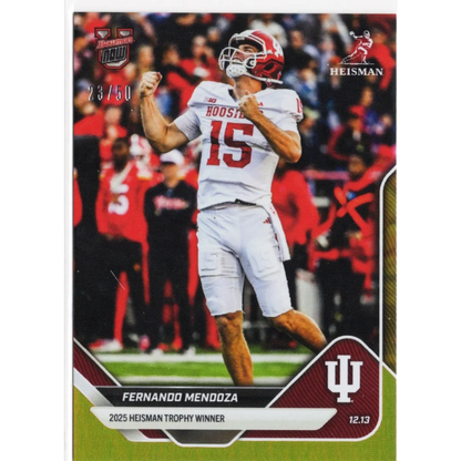 Red and white Fernando Mendoza #15 Indiana Hoosiers football jersey on 2025 Topps Bowman card