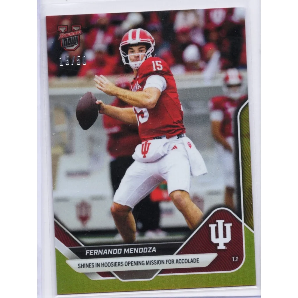 2025 Topps Bowman U Now Fernando Mendoza #64 Gold Foil Indiana Hoosiers RC card