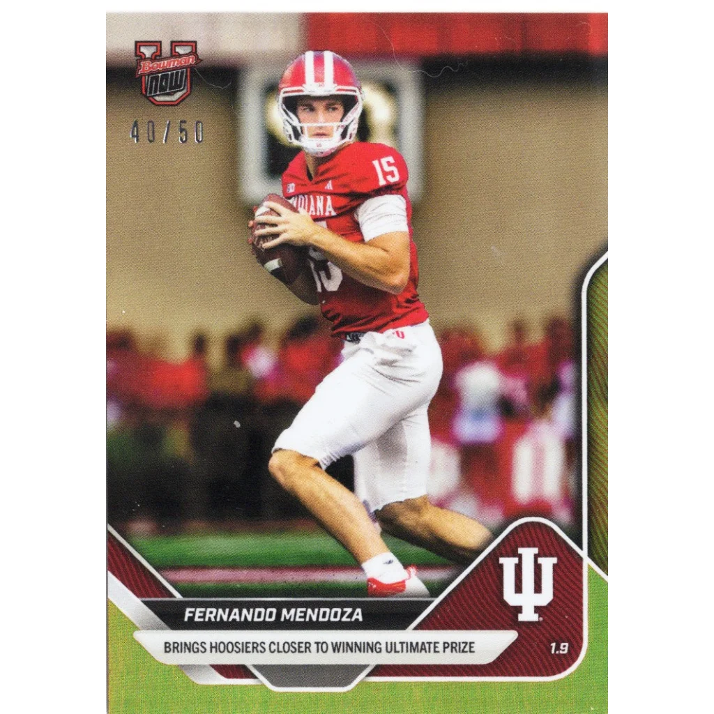 2025 Topps Bowman Fernando Mendoza #66 Gold Foil /50 Indiana Hoosiers RC jersey card