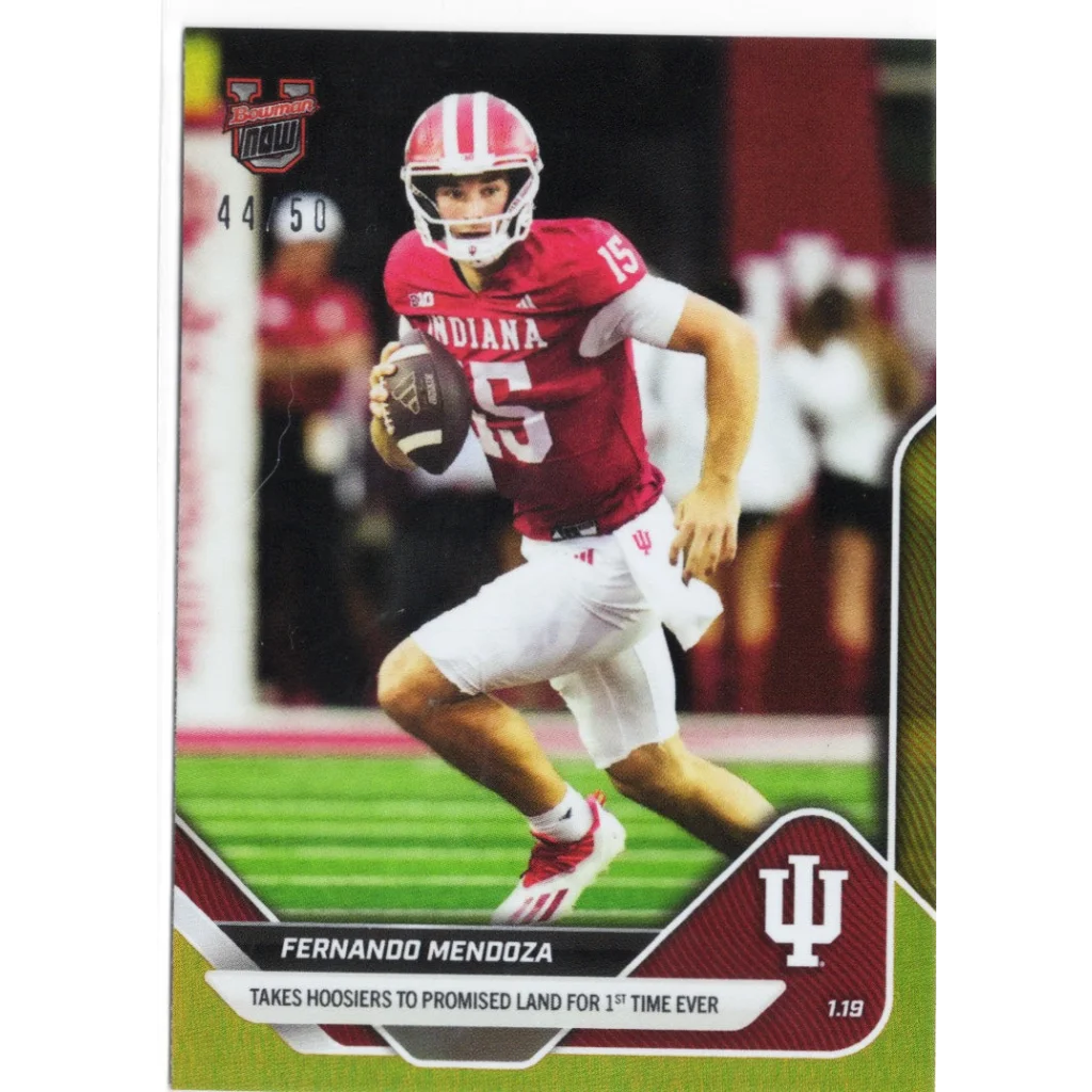 Red and white Indiana Hoosiers Fernando Mendoza #15 jersey on 2025 Topps Bowman card
