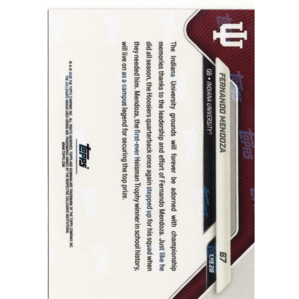 2025 Topps Bowman U Now Fernando Mendoza #67 Gold Foil /50 IU Hoosiers RC card