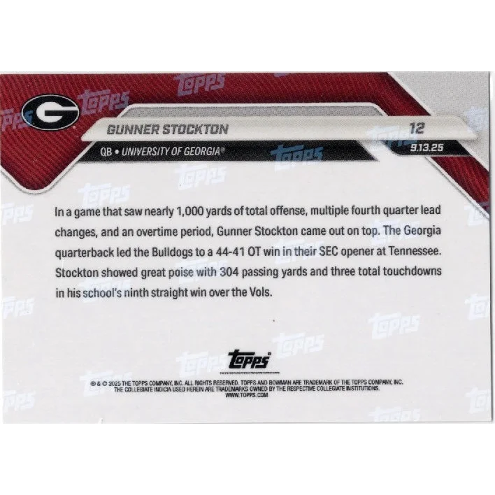 2025 Topps Bowman U Now Gunner Stockton #12 Gold Foil /50 Georgia Bulldogs Rookie RC Football Card | Limited Edition /50 Gold Foil Rookie Football Card | vintageantiquesgifts.com