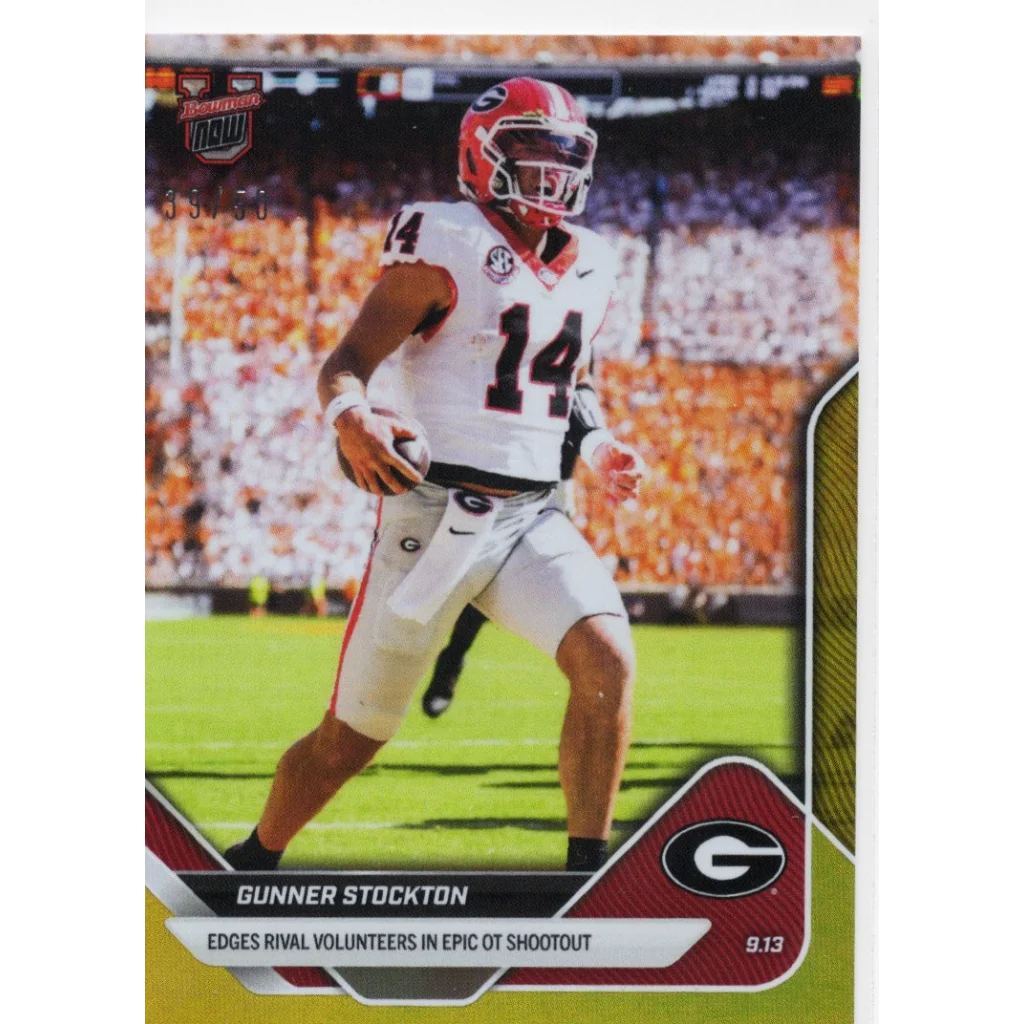 2025 Topps Bowman U Now Gunner Stockton #12 Gold Foil /50 Georgia Bulldogs Rookie RC Football Card | Hall of Fame Sports Memorabilia | vintageantiquesgifts.com
