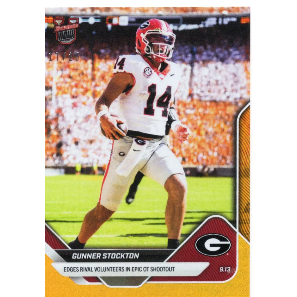 2025 Topps Bowman U Now Gunner Stockton #12 Orange Foil /25 Georgia Bulldogs Rookie RC Football Card | Hall of Fame Sports Memorabilia | vintageantiquesgifts.com