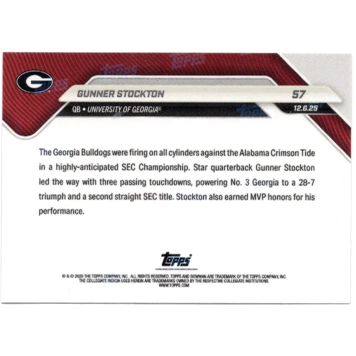 2025 Topps Bowman U Now Gunner Stockton #57 Gold Foil /50 Georgia Bulldogs Rookie RC Football Card | Limited Edition /50 Gold Foil Football Card | vintageantiquesgifts.com