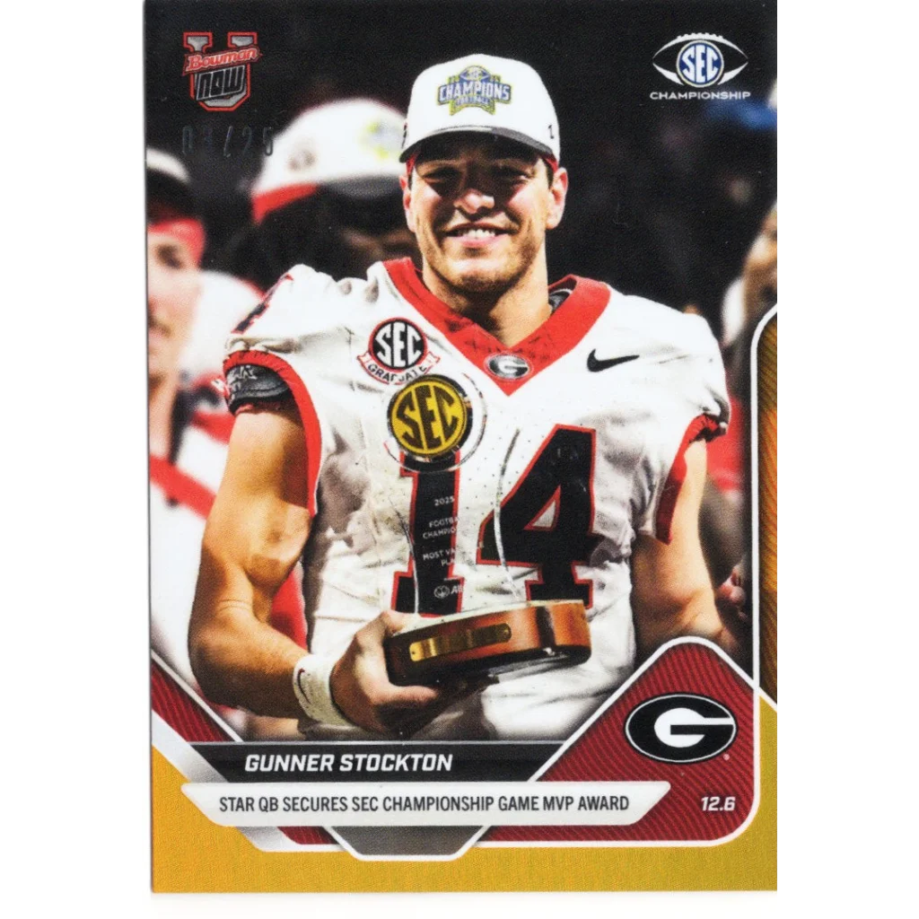 2025 Topps Bowman U Now Gunner Stockton #57 Orange Foil /25 Georgia Bulldogs Rookie RC Football Card | Hall of Fame Sports Memorabilia | vintageantiquesgifts.com