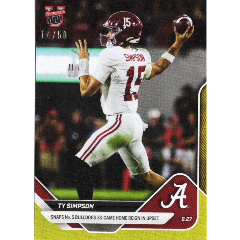 2025 Topps Bowman U Now Ty Simpson #22 Gold Foil /50 Alabama Crimson Tide Rookie RC Football Card | Hall of Fame Sports Memorabilia | vintageantiquesgifts.com