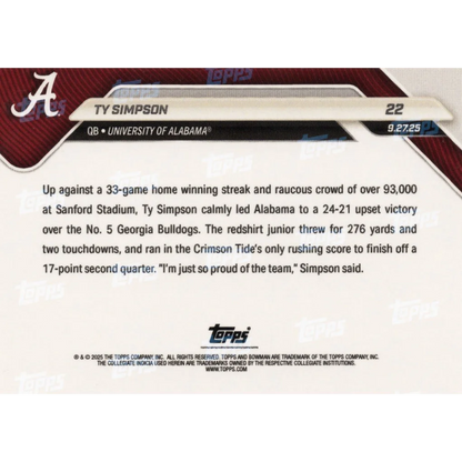 2025 Topps Bowman U Now Ty Simpson #22 Orange Foil /25 Alabama Rookie RC Card