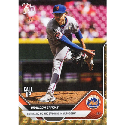 2025 Topps Now Brandon Sproat #672 Superfractor 1/1 New York Mets Rookie RC Baseball Card