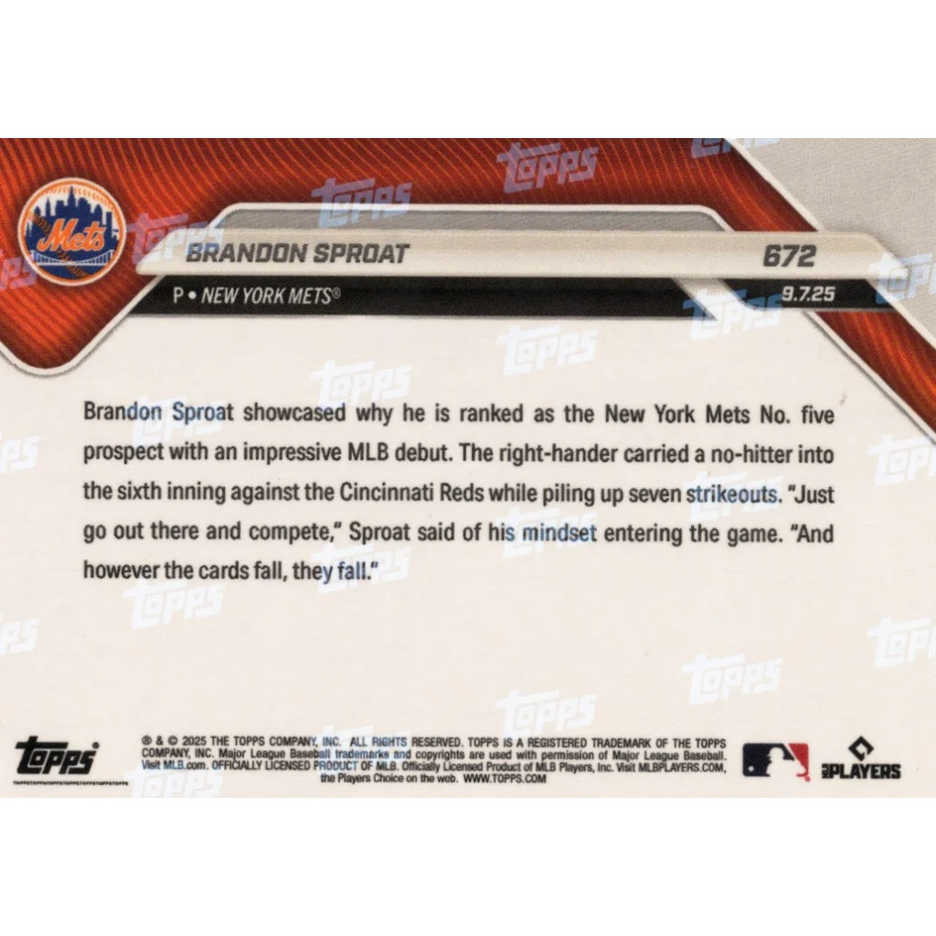 2025 Topps Now Brandon Sproat #672 Superfractor 1/1 New York Mets Rookie RC Baseball Card | Limited Edition 1/1 Superfractor Rookie Baseball Card | vintageantiquesgifts.com