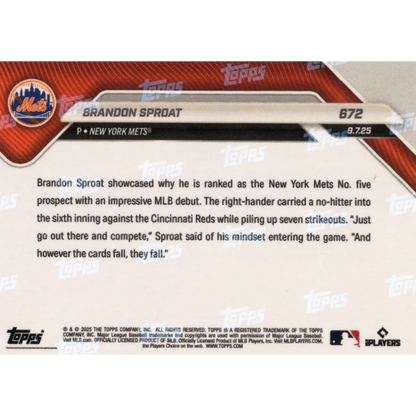 2025 Topps Now Brandon Sproat #672 Superfractor 1/1 New York Mets Rookie RC Baseball Card | Limited Edition 1/1 Superfractor Rookie Baseball Card | vintageantiquesgifts.com