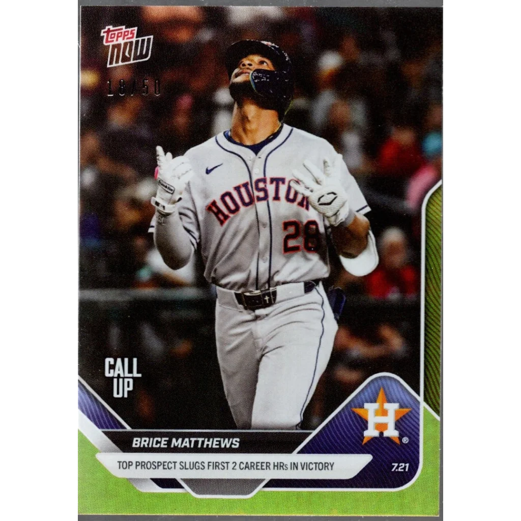 2025 Topps Now Brice Matthews #449 Gold Foil /50 Houston Astros Rookie RC Baseball Card | Hall of Fame Sports Memorabilia | vintageantiquesgifts.com