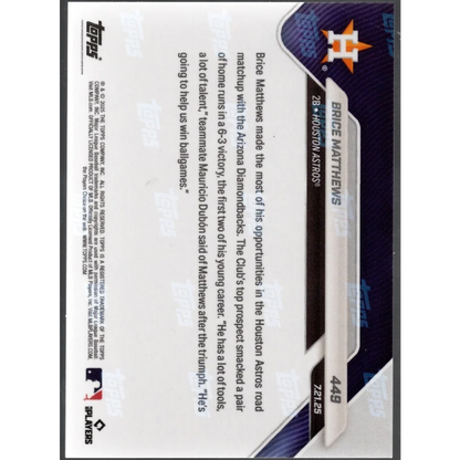2025 Topps Now Brice Matthews #449 Orange Foil /25 Houston Astros Rookie Card