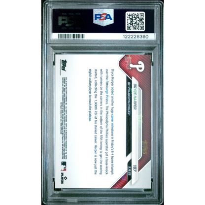 1987 Phillies card with red white design and team logo, 2025 Topps Now Bryce Harper Gold Foil PSA 10