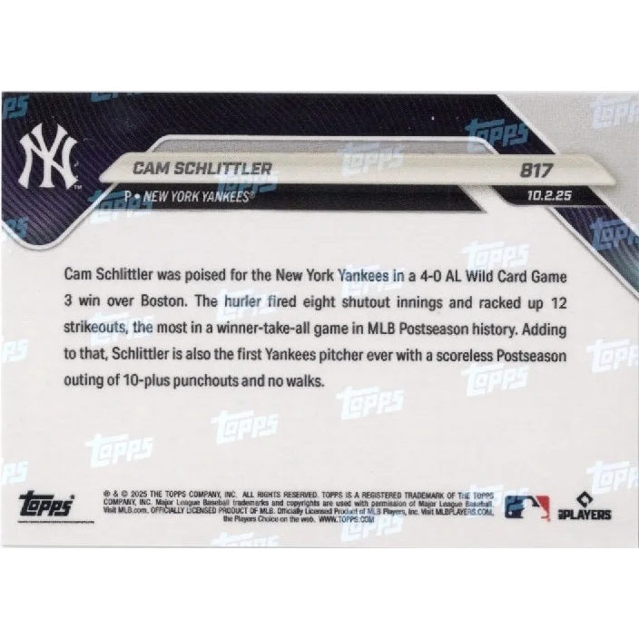 2025 Topps Now Cam Schlittler #817 Gold Foil Yankees Rookie RC Card