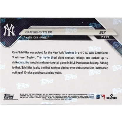 2025 Topps Now Cam Schlittler #817 Gold Foil Yankees Rookie RC Card