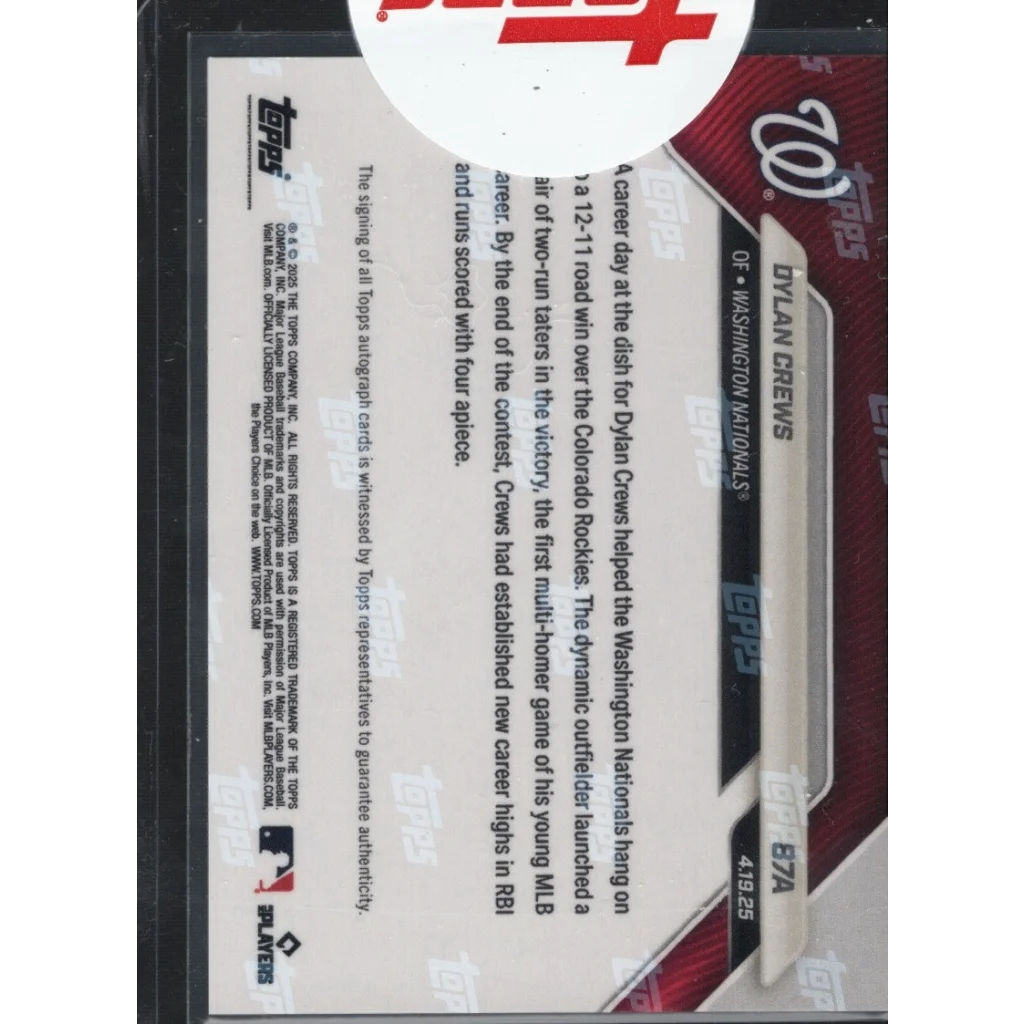 2025 Topps Now Dylan Crews #87A Auto /10 Nationals Rookie RC Card