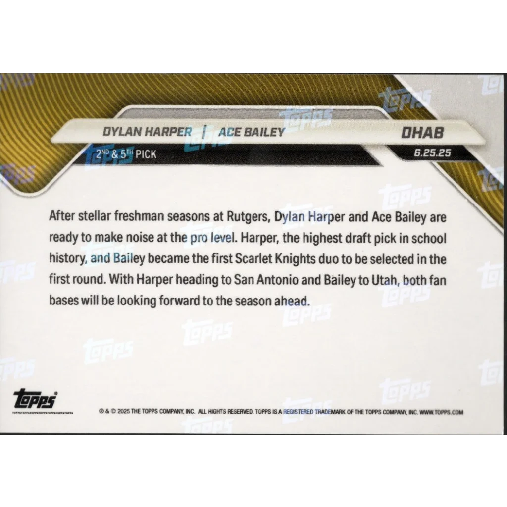 2025 Topps Now Dylan Harper Ace Bailey gold foil /50 rookie RC basketball card