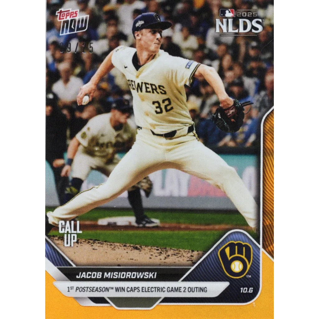 2025 Topps Now Jacob Misiorowski #833 Orange Foil /25 Milwaukee Brewers Rookie RC Baseball Card | Hall of Fame Sports Memorabilia | vintageantiquesgifts.com