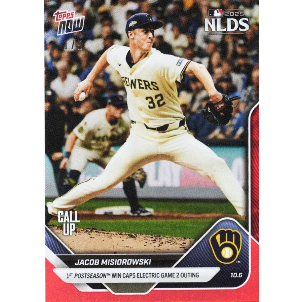 2025 Topps Now Jacob Misiorowski #833 Red Foil /5 Brewers RC card